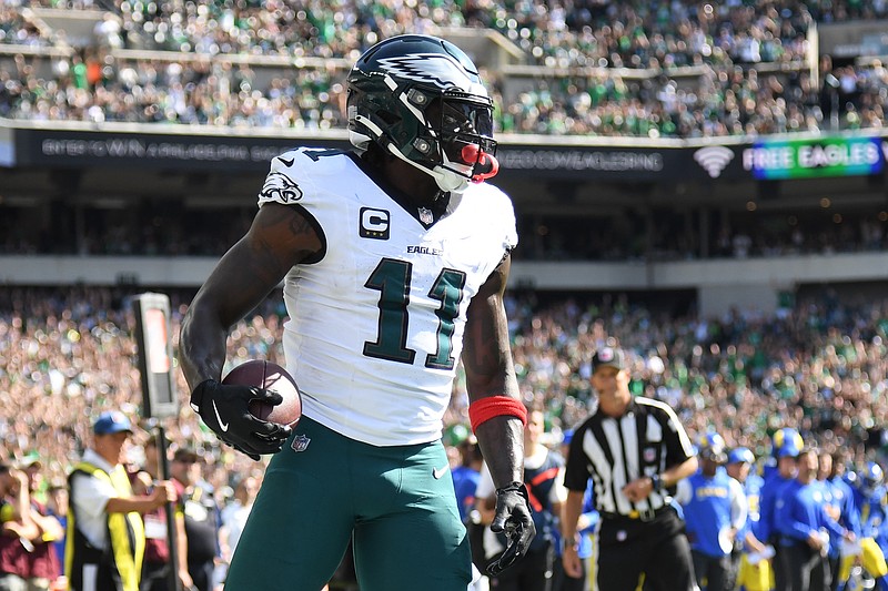 Sep 21, 2025; Philadelphia, Pennsylvania, USA; Philadelphia Eagles wide receiver AJ. Brown (11) reacts after a touchdown against the Los Angeles Rams during the second half at Lincoln Financial Field. Mandatory Credit: Eric Hartline-Imagn Images