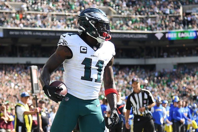 Sep 21, 2025; Philadelphia, Pennsylvania, USA; Philadelphia Eagles wide receiver AJ. Brown (11) reacts after a touchdown against the Los Angeles Rams during the second half at Lincoln Financial Field. Mandatory Credit: Eric Hartline-Imagn Images