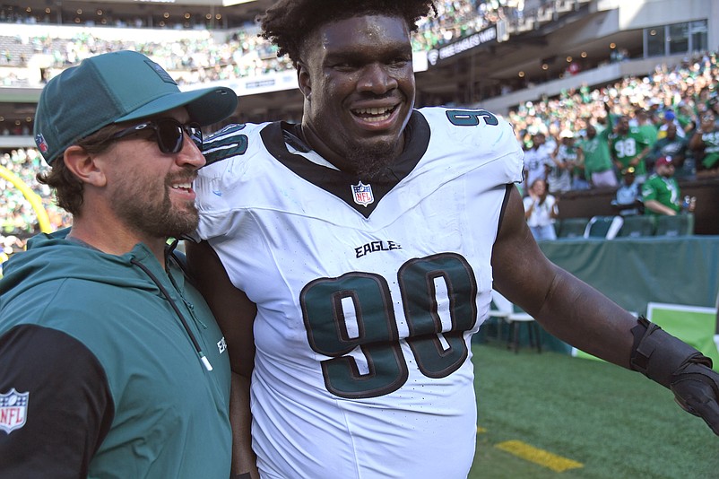 Sep 21, 2025; Philadelphia, Pennsylvania, USA; Philadelphia Eagles defensive tackle Jordan Davis (90) walks off the field after he blocked a field goal attempt and returned it for a touchdown on the final play of the game against the Los Angeles Rams at Lincoln Financial Field. Mandatory Credit: Eric Hartline-Imagn Images