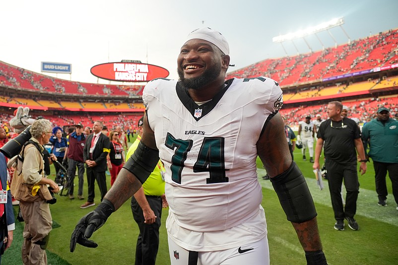 Sep 14, 2025; Kansas City, Missouri, USA; Philadelphia Eagles offensive tackle Fred Johnson (74) leaves the field after the game against the Kansas City Chiefs at GEHA Field at Arrowhead Stadium. Mandatory Credit: Jay Biggerstaff-Imagn Images