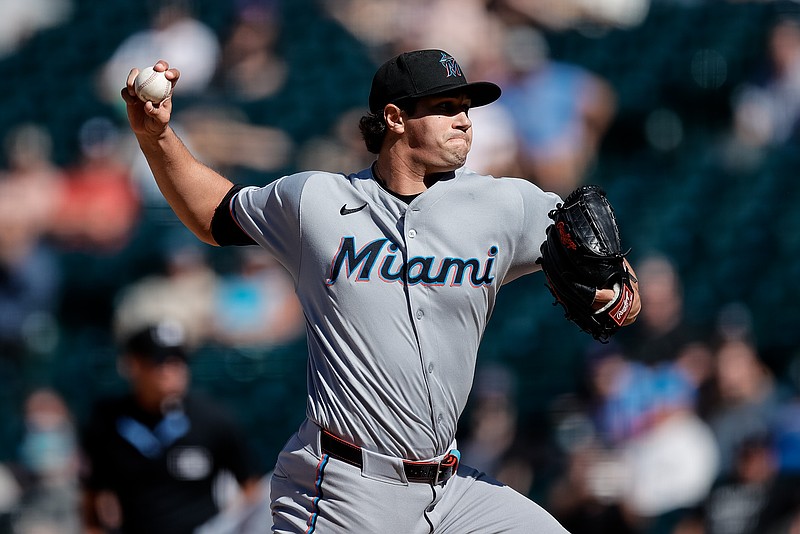 Sep 18, 2025; Denver, Colorado, USA; Miami Marlins relief pitcher Tyler Phillips (30) pitches in the seventh inning against the Colorado Rockies at Coors Field. Mandatory Credit: Isaiah J. Downing-Imagn Images