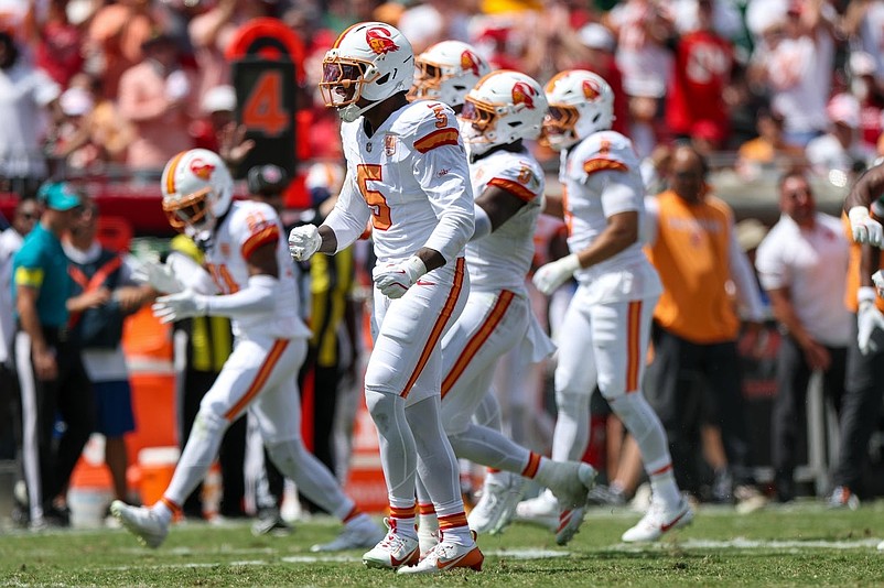 Sep 21, 2025; Tampa, Florida, USA; Tampa Bay Buccaneers outside linebacker Haason Reddick (5) reacts after a play against the New York Jets in the second quarter at Raymond James Stadium. Mandatory Credit: Nathan Ray Seebeck-Imagn Images