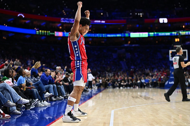 Dec 6, 2024; Philadelphia, Pennsylvania, USA; Philadelphia 76ers guard Jared McCain (20) reacts against the Orlando Magic in the third quarter at Wells Fargo Center. Mandatory Credit: Kyle Ross-Imagn Images
