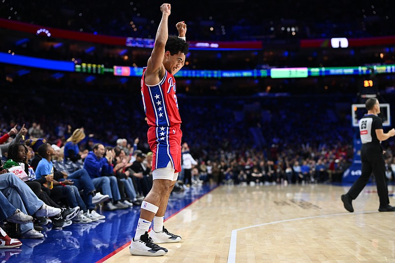 Dec 6, 2024; Philadelphia, Pennsylvania, USA; Philadelphia 76ers guard Jared McCain (20) reacts against the Orlando Magic in the third quarter at Wells Fargo Center. Mandatory Credit: Kyle Ross-Imagn Images