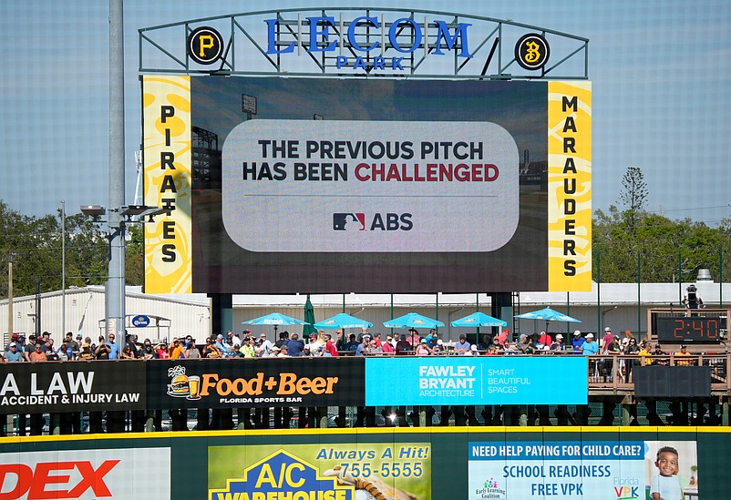 The scoreboard at LECOM Park displays a message about a pitch call being challenged. Major League Baseball is testing an Automated Ball-Stike (ABS) challenge system at select spring training parks. The system allows players to challenge a limited number of ball/stike calls during a game. Calls can be overturned if the pitch tracking technology shows an umpire got a call wrong.