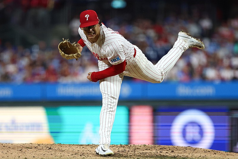 Sep 24, 2025; Philadelphia, Pennsylvania, USA; Philadelphia Phillies pitcher Jesus Luzardo (44) throws a pitch against the Miami Marlins during the fifth inning at Citizens Bank Park. Mandatory Credit: Bill Streicher-Imagn Images