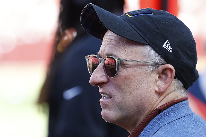 Oct 6, 2024; Landover, Maryland, USA; Washington Commanders owner Josh Harris stands on the sidelines against the Cleveland Browns during the fourth quarter at NorthWest Stadium. Mandatory Credit: Geoff Burke-Imagn Images