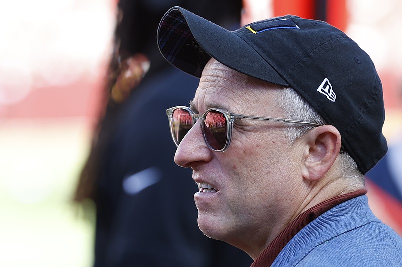 Oct 6, 2024; Landover, Maryland, USA; Washington Commanders owner Josh Harris stands on the sidelines against the Cleveland Browns during the fourth quarter at NorthWest Stadium. Mandatory Credit: Geoff Burke-Imagn Images