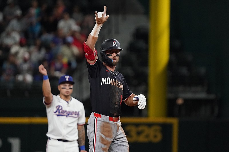 Sep 23, 2025; Arlington, Texas, USA; Minnesota Twins second baseman Kody Clemens (18) reacts towards the dugout after hitting a double during the second inning against the Texas Rangers at Globe Life Field. Mandatory Credit: Raymond Carlin III-Imagn Images