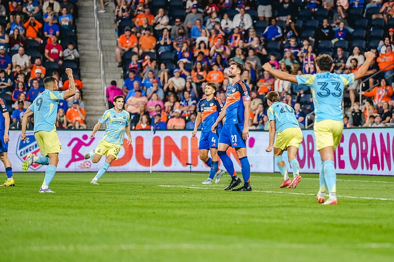 Union players, from left, Tai Baribo, Milan Iloski, Bruno Damiani and Quinn Sullivan celebrate after Damiani’s goal against FC Cincinnati on Aug. 30. (Courtesy Philadelphia Union)