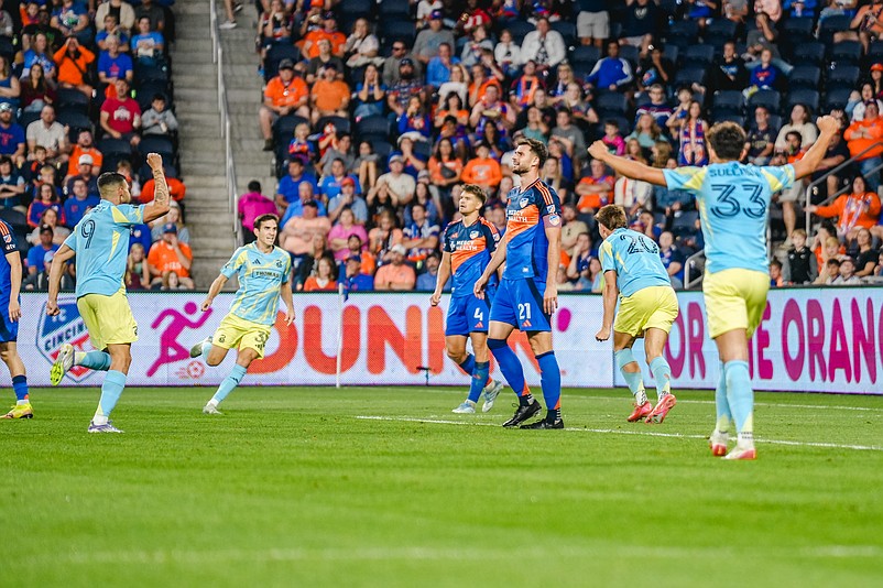 Union players, from left, Tai Baribo, Milan Iloski, Bruno Damiani and Quinn Sullivan celebrate after Damiani’s goal against FC Cincinnati on Aug. 30. (Courtesy Philadelphia Union)
