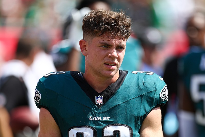 Sep 29, 2024; Tampa, Florida, USA; Philadelphia Eagles cornerback Cooper DeJean (33) warms up before a game against the Tampa Bay Buccaneers at Raymond James Stadium. Mandatory Credit: Nathan Ray Seebeck-Imagn Images