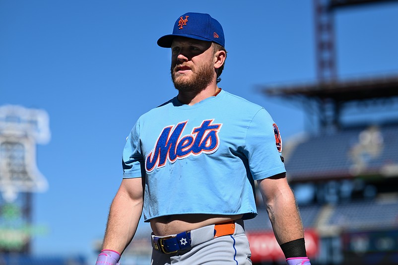 Oct 6, 2024; Philadelphia, Pennsylvania, USA; New York Mets outfielder Harrison Bader (44) warms up before game two of the NLDS against the Philadelphia Phillies for the 2024 MLB Playoffs at Citizens Bank Park. Mandatory Credit: Kyle Ross-Imagn Images