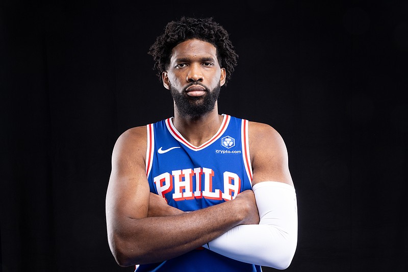 Sep 26, 2025; Camden, NJ, USA; Philadelphia 76ers Joel Embiid poses for a photo during media day. Mandatory Credit: Bill Streicher-Imagn Images