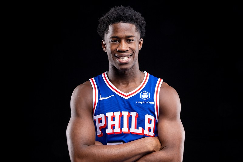 Sep 26, 2025; Camden, NJ, USA; Philadelphia 76ers VJ Edgecombe (77) poses for a photo during media day. Mandatory Credit: Bill Streicher-Imagn Images
