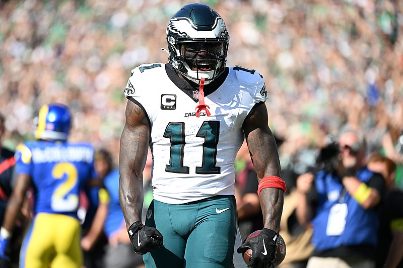 Sep 21, 2025; Philadelphia, Pennsylvania, USA; Philadelphia Eagles wide receiver AJ. Brown (11) reacts against the Los Angeles Rams during the second half at Lincoln Financial Field. Mandatory Credit: Eric Hartline-Imagn Images