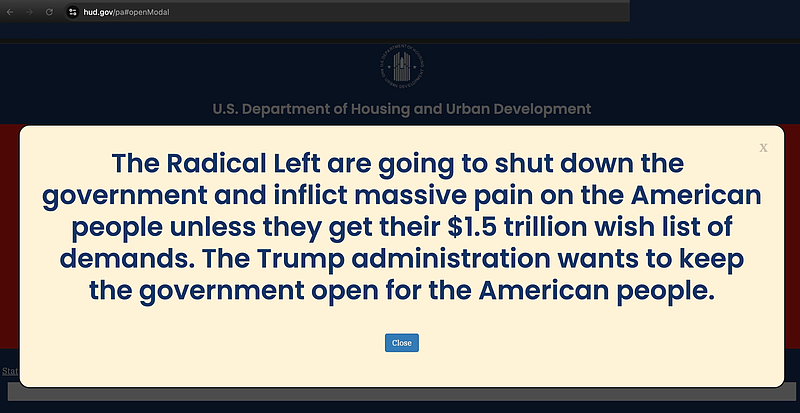 This message was displayed as both a pop-up and the headline of the United States Department of Housing and Urban Development as of Tuesday, Sept. 30. A potential government shutdown could impact many in the Philadelphia region.