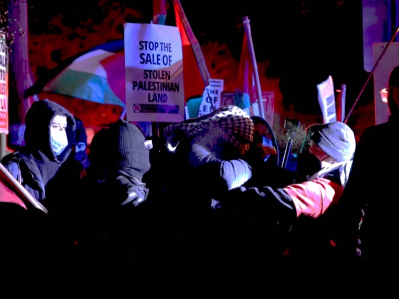 Pro-Palestinian protestors and Jewish worshipers scuffle in West Orange on Nov. 13, 2024. (Courtesy of the U.S. Department of Justice)