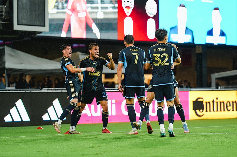 Union forward Bruno Damiani, center, celebrates with teammates after his goal opened the scoring in the first half of Saturday's 6-0 win over D.C. United. (Courtesy of Philadelphia Union)
