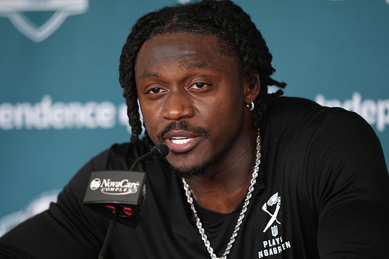 Jul 23, 2025; Philadelphia, PA, USA; Philadelphia Eagles wide receiver A.J. Brown (11) addresses media during training camp at NovaCare Complex. Mandatory Credit: Kyle Ross-Imagn Images