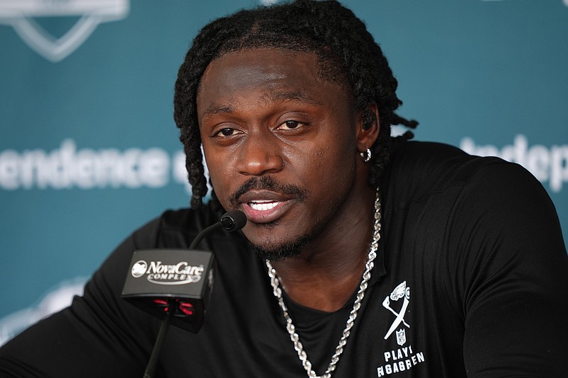 Jul 23, 2025; Philadelphia, PA, USA; Philadelphia Eagles wide receiver A.J. Brown (11) addresses media during training camp at NovaCare Complex. Mandatory Credit: Kyle Ross-Imagn Images