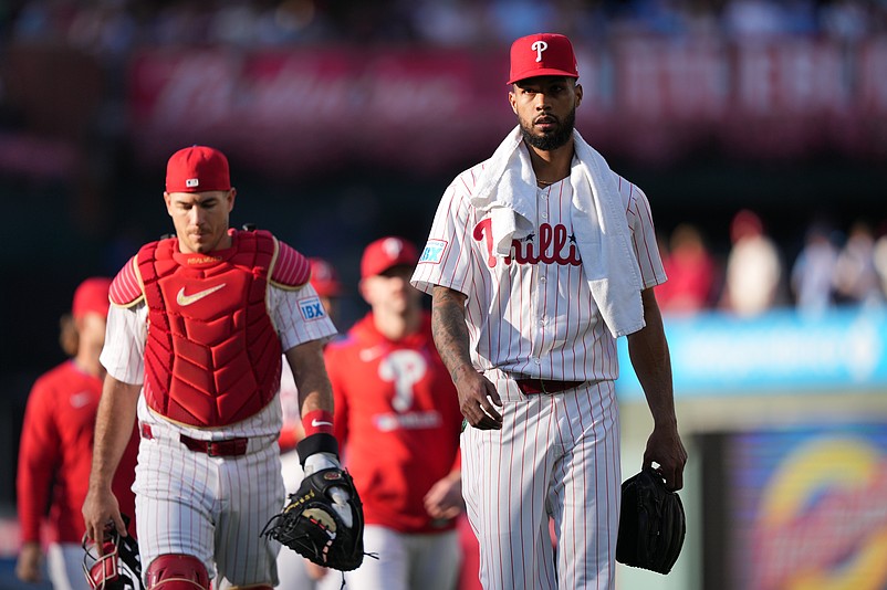 Aug 30, 2025; Philadelphia, Pennsylvania, USA; Philadelphia Phillies starting pitcher Cristopher Sanchez (61) enters the field before the game against the Atlanta Braves at Citizens Bank Park. Mandatory Credit: Kyle Ross-Imagn Images