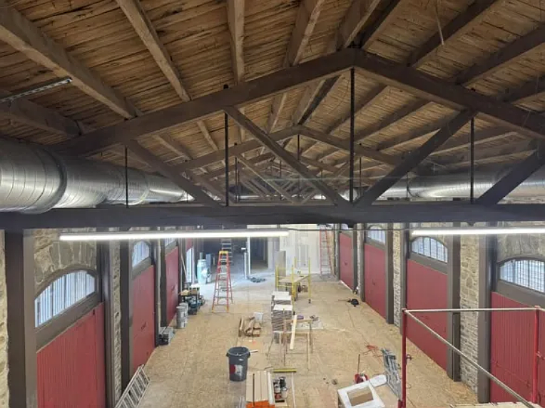 Renovation work within the Discover Lansdale Freight House can be seen from the ceiling rafters in Sept. 2025. (Credit: Discover Lansdale)