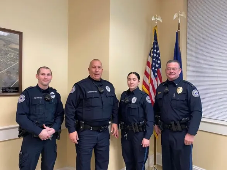 North Wales police Officers Colin Johnson, Terry Hammerstone, Juliana Greco and Chief Dave Erenius pose after Greco formally received her oath on Tuesday night, Feb. 14 2023. (Credit: NWPD)