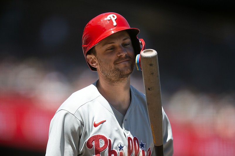 Jul 9, 2025; San Francisco, California, USA; Philadelphia Phillies shortstop Trea Turner (7) reacts to striking out against the San Francisco Giants during the seventh inning at Oracle Park. Mandatory Credit: D. Ross Cameron-Imagn Images