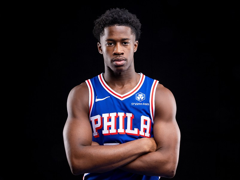 Sep 26, 2025; Camden, NJ, USA; Philadelphia 76ers VJ Edgecombe (77) poses for a photo during media day. Mandatory Credit: Bill Streicher-Imagn Images