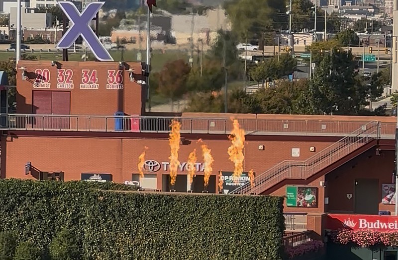 The Phillies tested flames in the outfield at Citizens Bank Park Friday afternoon. (Anthony SanFilippo/On Pattison)