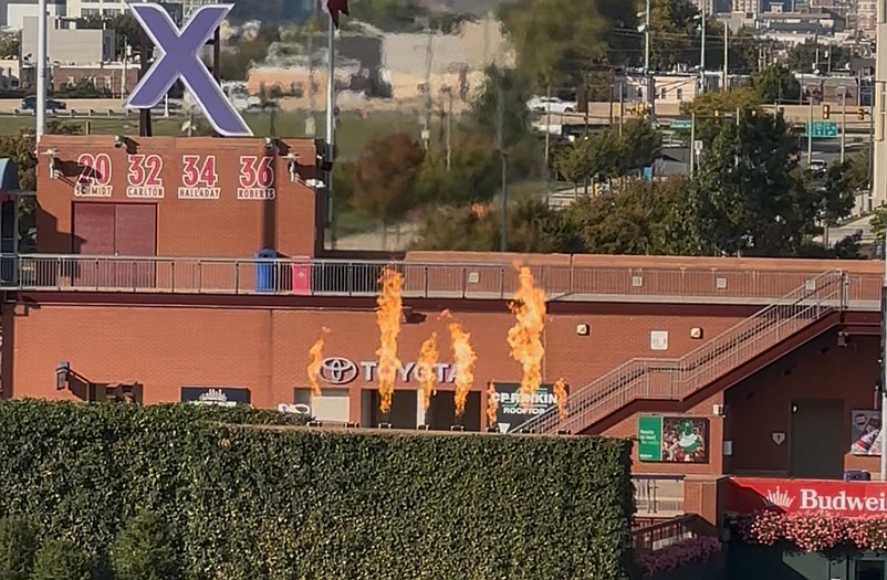 The Phillies tested flames in the outfield at Citizens Bank Park Friday afternoon. (Anthony SanFilippo/On Pattison)