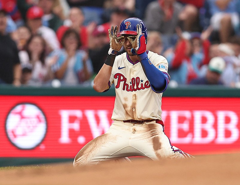 Aug 20, 2025; Philadelphia, Pennsylvania, USA; Philadelphia Phillies shortstop Trea Turner (7) reacts after hitting a triple during the first inning against the Seattle Mariners at Citizens Bank Park. Mandatory Credit: Bill Streicher-Imagn Images