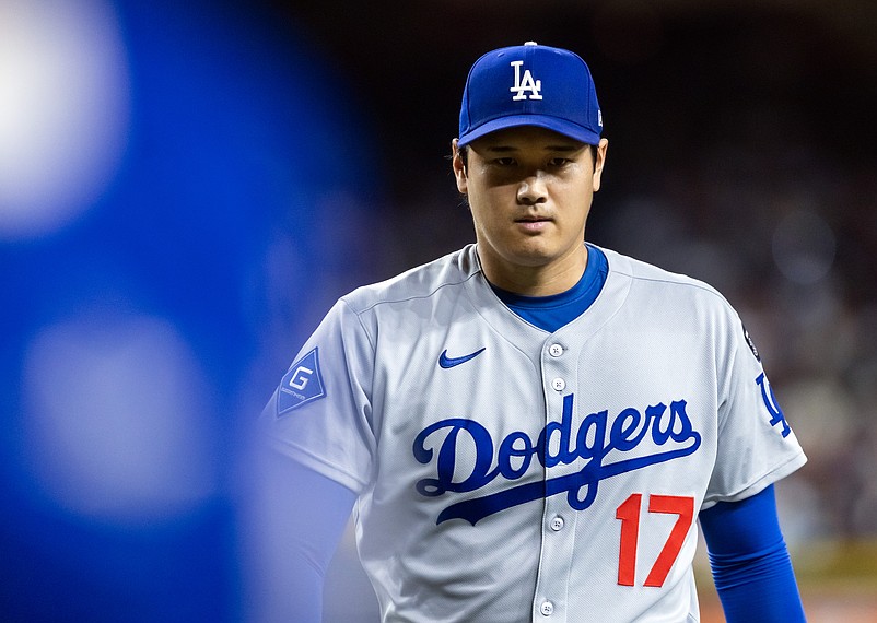 Sep 23, 2025; Phoenix, Arizona, USA; Los Angeles Dodgers pitcher/designated hitter Shohei Ohtani against the Arizona Diamondbacks at Chase Field. Mandatory Credit: Mark J. Rebilas-Imagn Images
