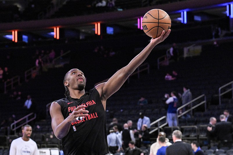 Apr 1, 2025; New York, New York, USA; Philadelphia 76ers guard Tyrese Maxey (0) warms up before a game against the New York Knicks at Madison Square Garden. Mandatory Credit: John Jones-Imagn Images