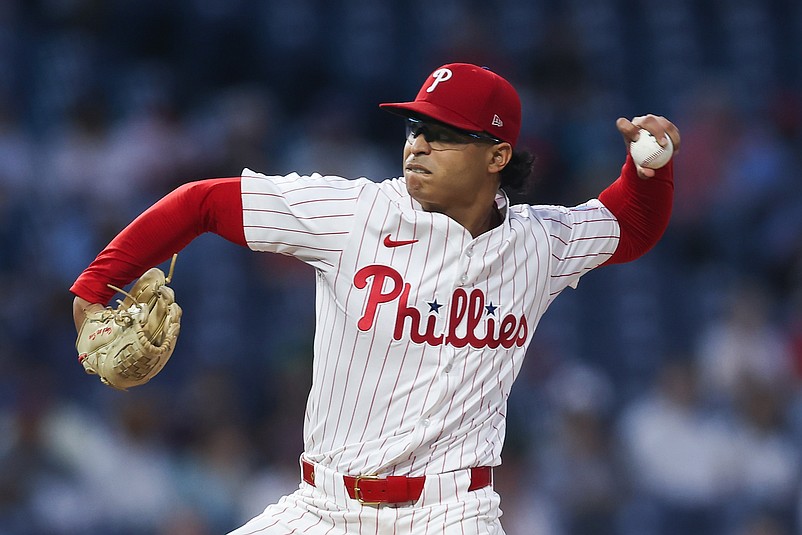 Sep 24, 2025; Philadelphia, Pennsylvania, USA; Philadelphia Phillies pitcher Jesus Luzardo (44) throws a pitch during the first inning against the Miami Marlins at Citizens Bank Park. Mandatory Credit: Bill Streicher-Imagn Images