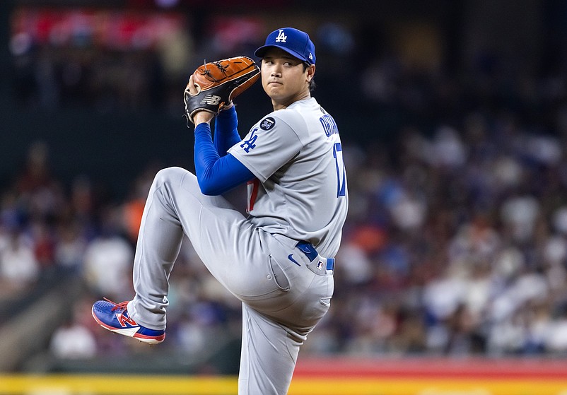 Sep 23, 2025; Phoenix, Arizona, USA; Los Angeles Dodgers pitcher/designated hitter Shohei Ohtani against the Arizona Diamondbacks at Chase Field. Mandatory Credit: Mark J. Rebilas-Imagn Images