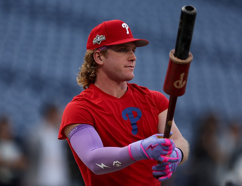 Oct 4, 2025; Philadelphia, Pennsylvania, USA; Philadelphia Phillies left fielder Harrison Bader before game one of the NLDS round of the 2025 MLB playoffs against the Los Angeles Dodgers at Citizens Bank Park. Mandatory Credit: Bill Streicher-Imagn Images