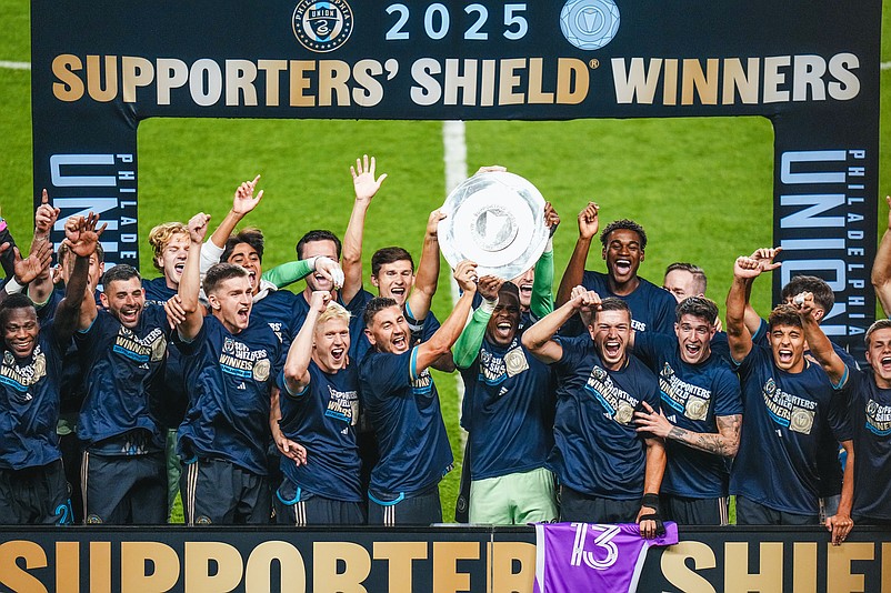 Philadelphia Union players celebrate with the Supporters' Shield after Saturday night's 1-0 win over New York City FC at Subaru Park. (Courtesy of Philadelphia Union)