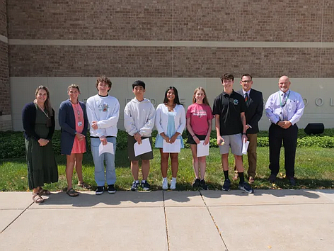 (From L to R: Jennifer Pennebacker, Class of 2026 Guidance Counselor, Jennifer Pennebacker, Class of 2026 Guidance Counselor, Alin Grate, Daniel Kim, Ananya Bhatt, Lexi Steen, Ethan Luginbuhl, PHS Seniors, Tim Keddie, PHS Principal, and Hilary Czaplicki, PHS Assistant Principal for the Class of 2026) (Courtesy of David Thomas)