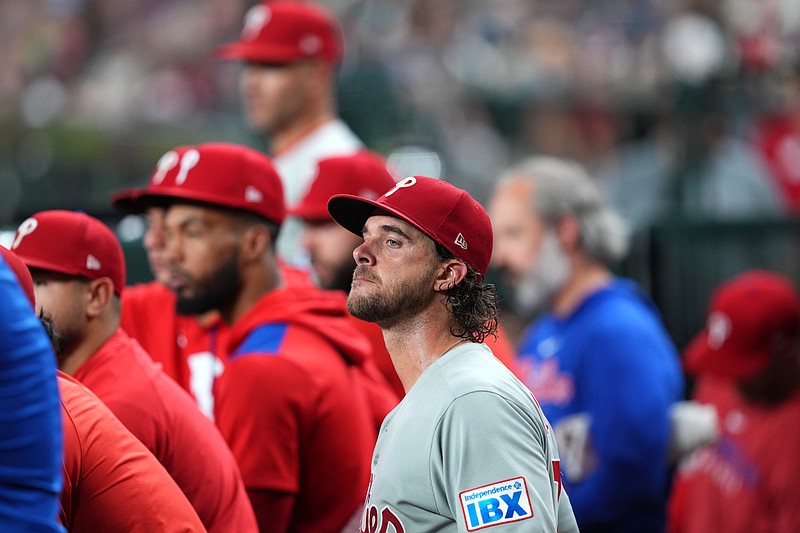 Sep 20, 2025; Phoenix, Arizona, USA; Philadelphia Phillies pitcher Aaron Nola (27) looks on against the Arizona Diamondbacks during the sixth inning at Chase Field. Mandatory Credit: Joe Camporeale-Imagn Images