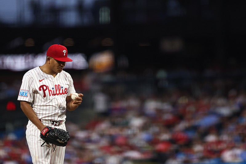 Sep 27, 2025; Philadelphia, Pennsylvania, USA; Philadelphia Phillies pitcher Ranger Suarez (55) prepares to throw a pitch against the Minnesota Twins during the second inning at Citizens Bank Park. Mandatory Credit: Bill Streicher-Imagn Images