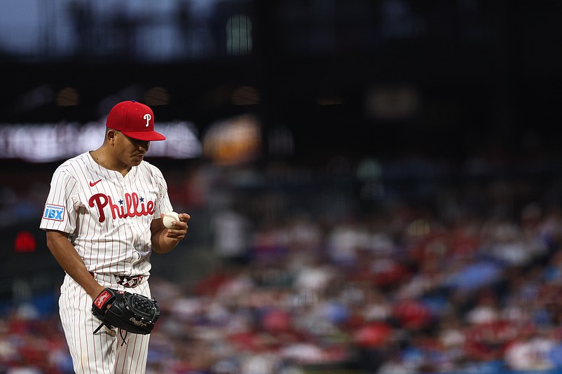 Sep 27, 2025; Philadelphia, Pennsylvania, USA; Philadelphia Phillies pitcher Ranger Suarez (55) prepares to throw a pitch against the Minnesota Twins during the second inning at Citizens Bank Park. Mandatory Credit: Bill Streicher-Imagn Images