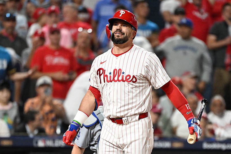 Oct 6, 2025; Philadelphia, Pennsylvania, USA; Philadelphia Phillies designated hitter Kyle Schwarber (12) reacts to striking out against the Los Angeles Dodgers in the eighth inning during game two of the NLDS round for the 2025 MLB playoffs at Citizens Bank Park. Mandatory Credit: Eric Hartline-Imagn Images