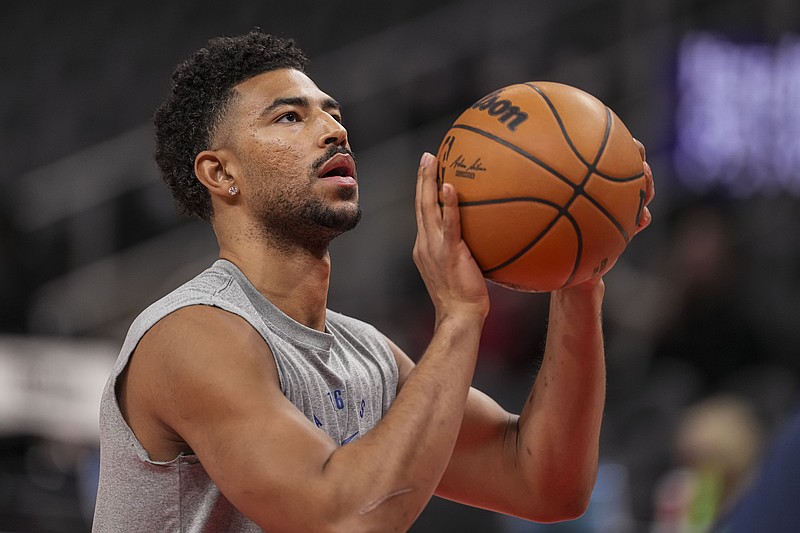 Mar 10, 2025; Atlanta, Georgia, USA; Philadelphia 76ers guard Quentin Grimes (5) on the court prior to the game against the Atlanta Hawks at State Farm Arena. Mandatory Credit: Dale Zanine-Imagn Images