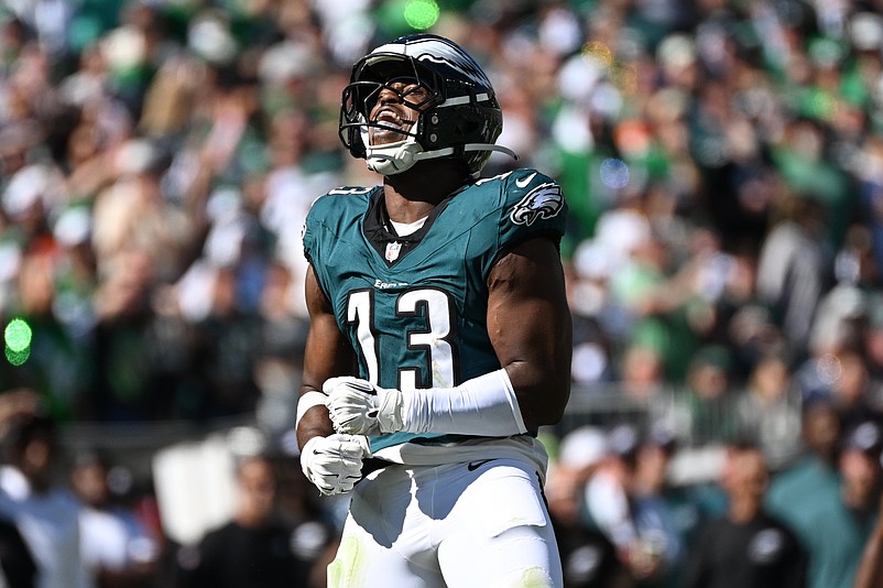 Oct 5, 2025; Philadelphia, Pennsylvania, USA; Philadelphia Eagles linebacker Azeez Ojulari (13) reacts in the second quarter against the Denver Broncos at Lincoln Financial Field. Mandatory Credit: Eric Hartline-Imagn Images