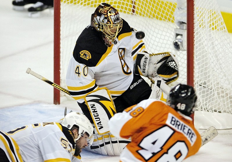 May 12, 2010; Philadelphia, PA USA;  Philadelphia Flyers forward Danny Briere (48) scores a power play goal past Boston Bruins goalie Tuukka Rask (40) during the 2nd period of game six of the Eastern Conference semifinals at the Wachovia Center in Philadelphia. Mandatory Credit: Eric Hartline-USA TODAY Sports