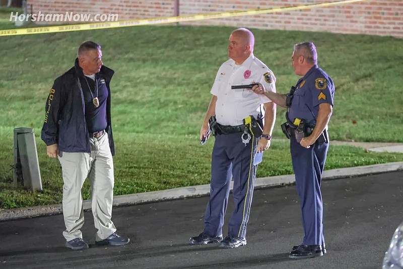 Crime scene tape is blocking much of the neighborhood near Blair Mill West Apartments in Horsham as authorities investigate an alleged shooting scene.