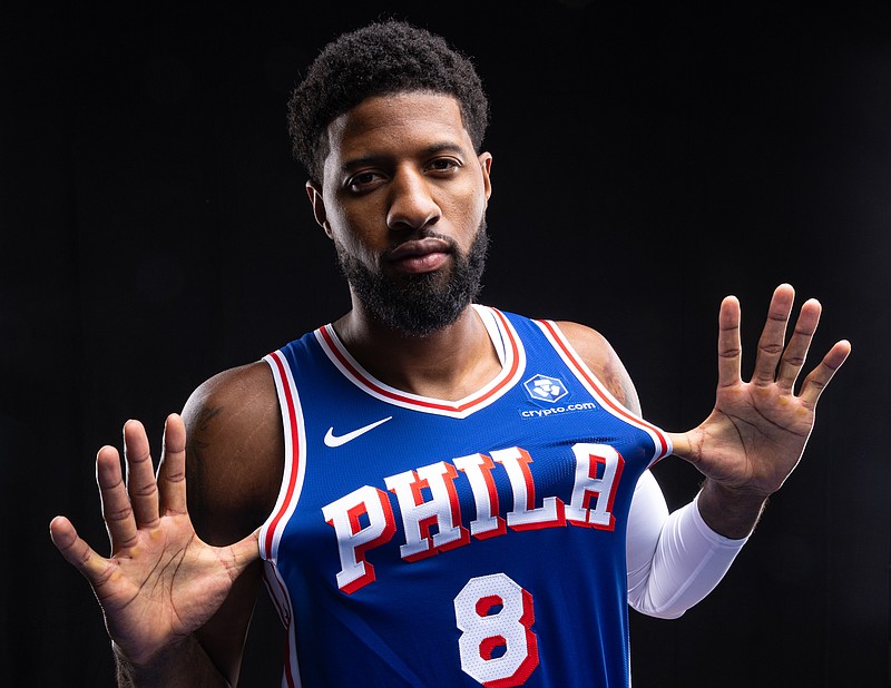 Sep 26, 2025; Camden, NJ, USA; Philadelphia 76ers Paul George poses for a photo during media day. Mandatory Credit: Bill Streicher-Imagn Images