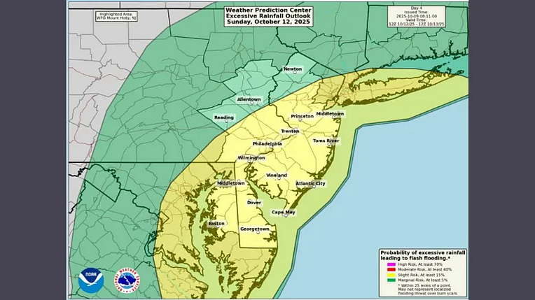 This forecast map shows the probability of excessive rainfall from a nor’easter set to impact the East Coast. (Courtesy National Weather Service)